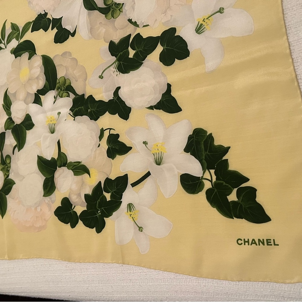 Chanel silk scarf in like new condition 34.6” x 33.8” soft yello, dark gr, white - Picture 3 of 3
